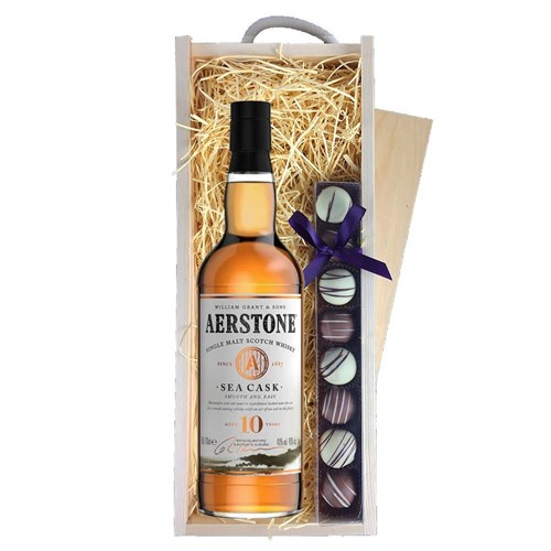 Aerstone Sea Cask 10 Year Old Whisky 70cl & Heart Truffles, Wooden Box